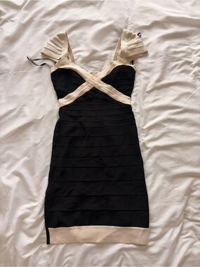 Herve Leger Black and Cream Strap Detail Bandage Mini Dress